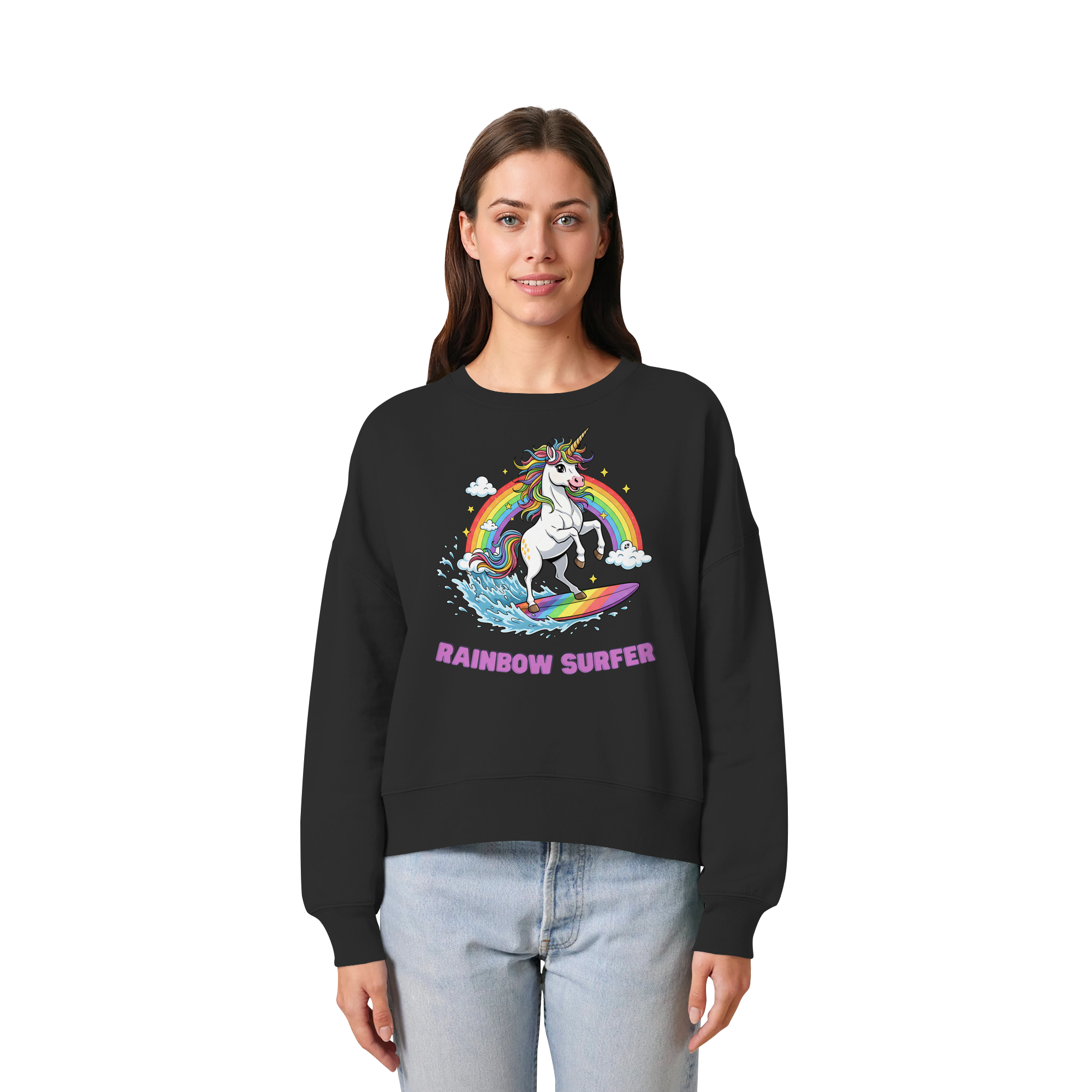 Unicorn Rainbow Surfer - Womens Organic Boxcut Sweatshirt