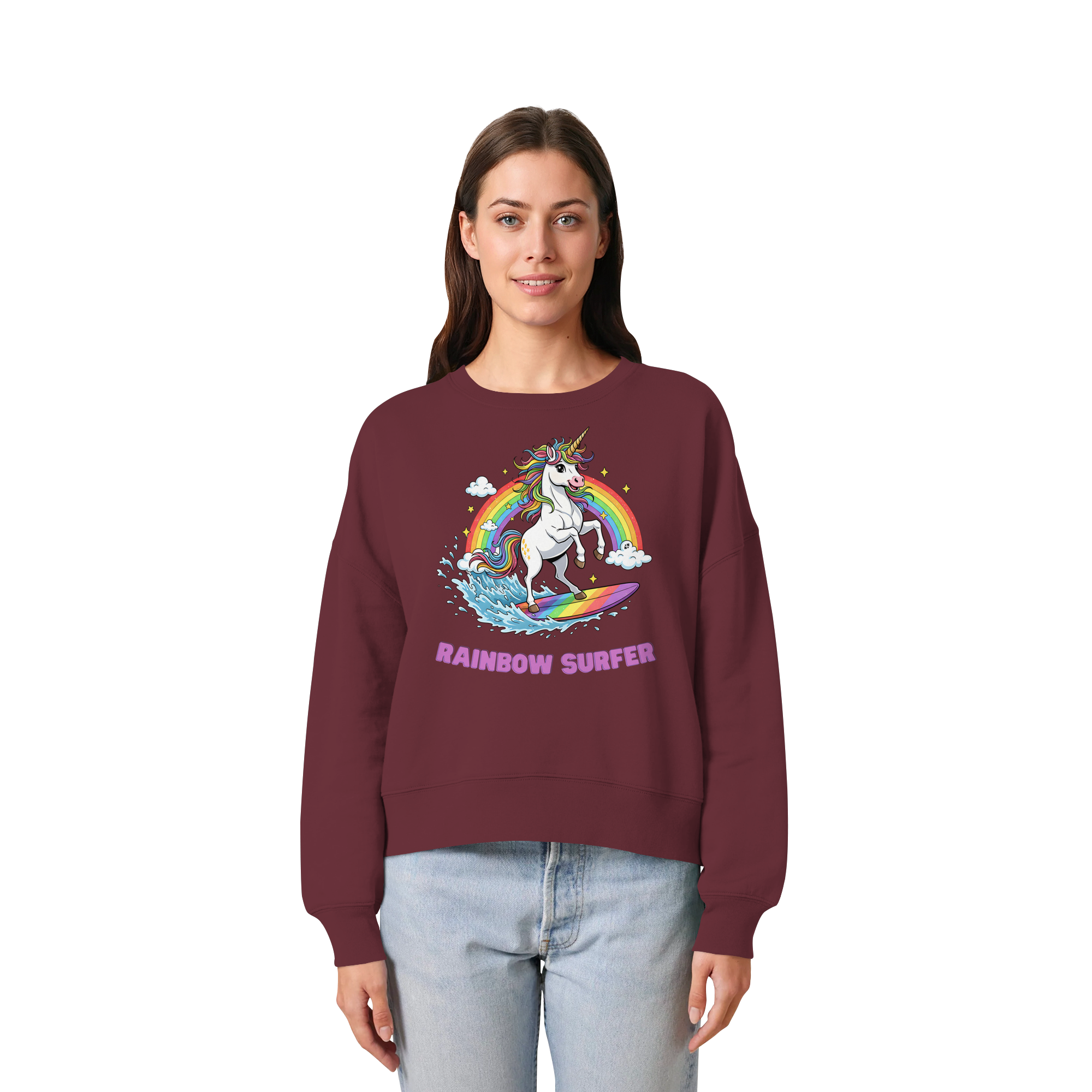 Unicorn Rainbow Surfer - Womens Organic Boxcut Sweatshirt