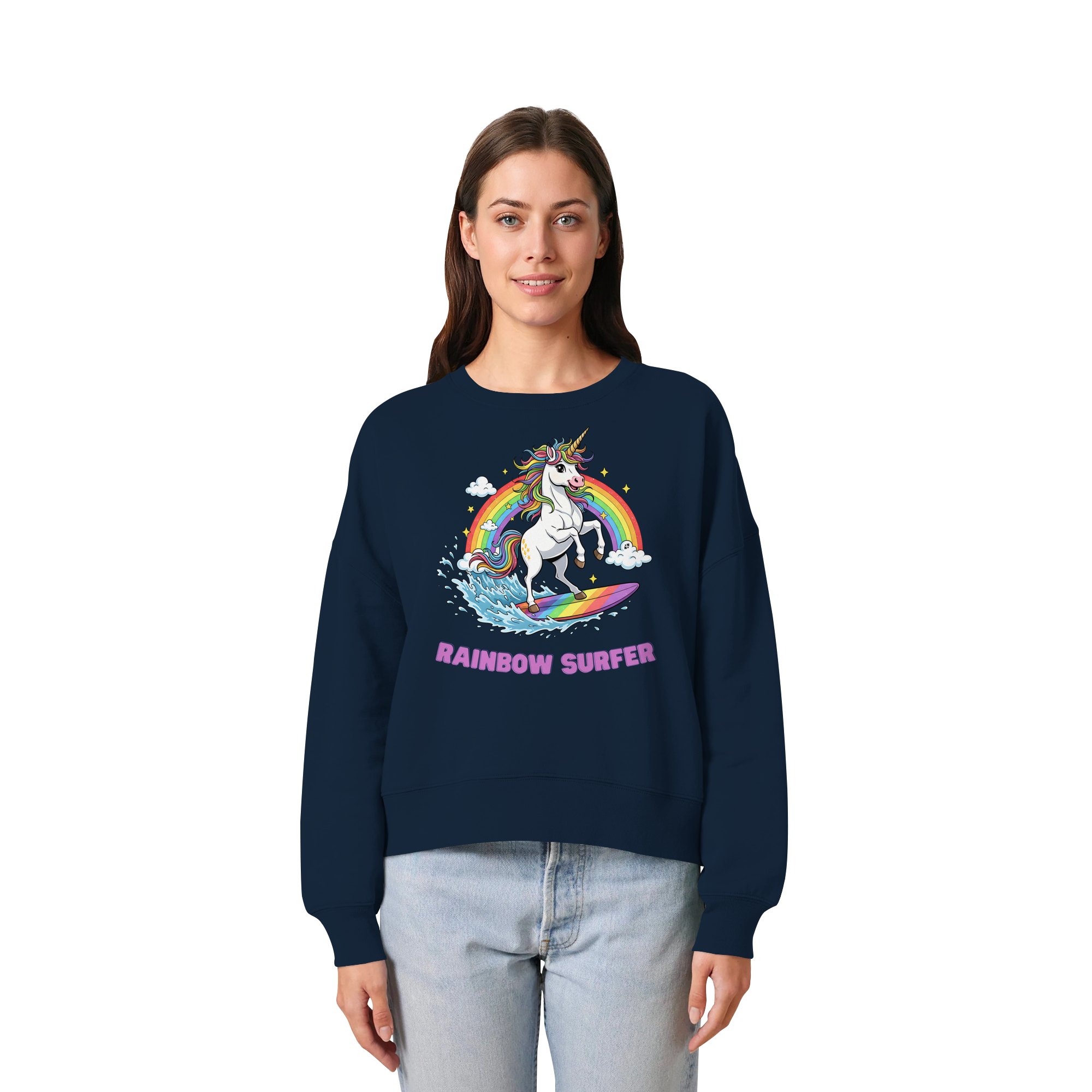 Unicorn Rainbow Surfer - Womens Organic Boxcut Sweatshirt