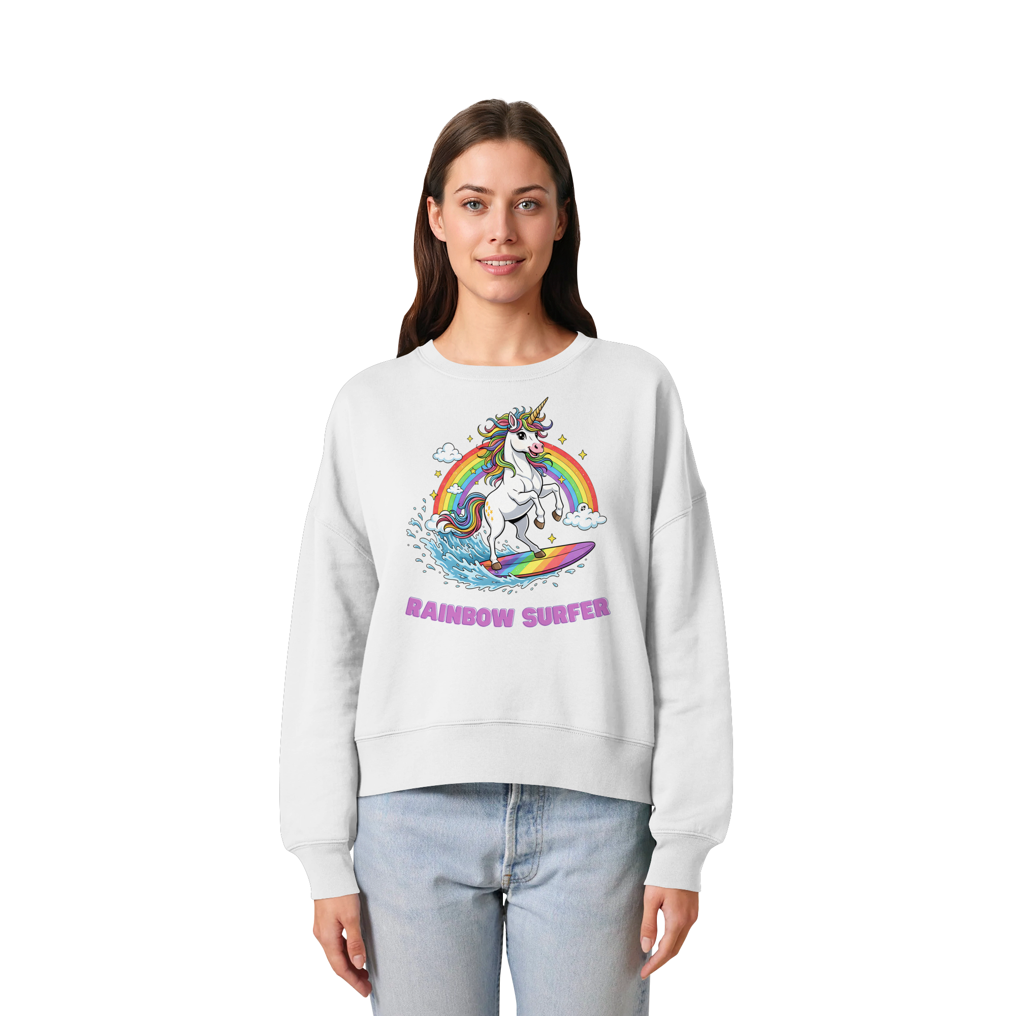 Unicorn Rainbow Surfer - Womens Organic Boxcut Sweatshirt